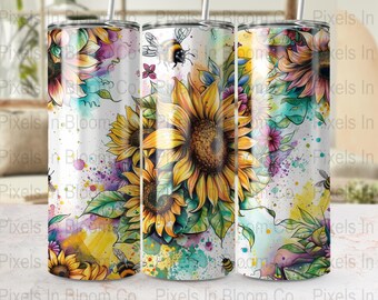 Tumbler Wrap con girasole ad acquerello PNG: design a sublimazione per tumbler sottile da 20 once (file di download digitale)