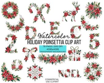 Clipart di stelle di Natale ad acquerello: 79 fiori natalizi rossi e verdi PNG (download digitale)