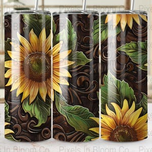 Tooled Leather Sunflower Tumbler Wrap PNG | 20 oz Skinny Tumbler | Sublimation Design | Instant Digital Download File | Tumbler Design