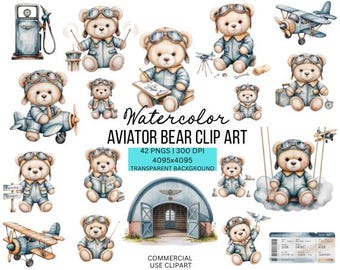 Clipart acquerello di orsetto aviatore: 42 file PNG di orsacchiotti e aeroplani da pilota (download digitale)
