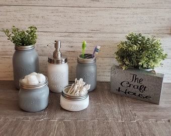 Mason Jar Bathroom Decor, Painted Mason Jar Bathroom Set, Bathroom Set, Bathroom Decor, Farmhouse Bathroom Decor, Mason Jars