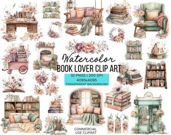 Pacchetto clipart per amanti dei libri ad acquerello: 32 illustrazioni PNG (download digitale)