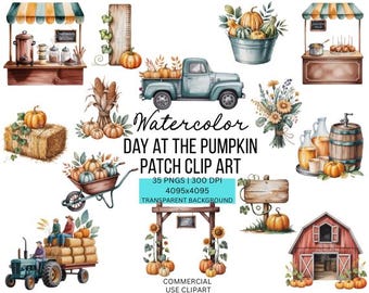 Clipart "Giornata dell'acquerello al campo di zucche": 35 PNG autunnali (download digitale)