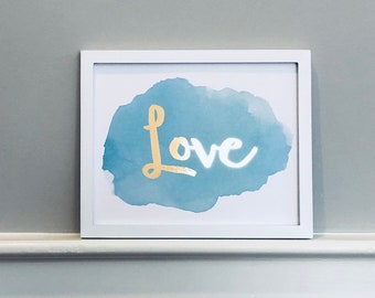 Love Gold Foil Print Blue Watercolor Foil Print Valentines Print UNFRAMED