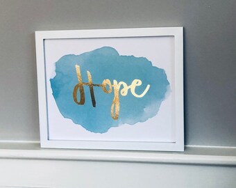 Hope Print Christian Art Catholic Art Blue Watercolor Gold Foil Print UNFRAMED