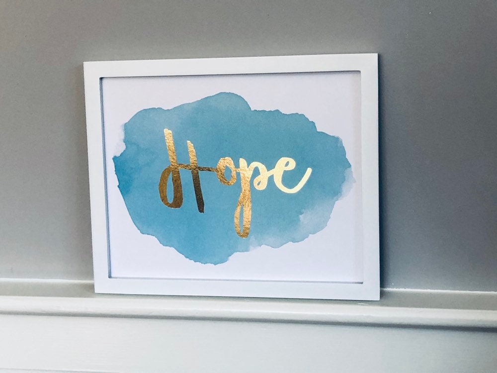 Hope Print Christian Art Catholic Art Blue Watercolor Gold Foil Print UNFRAMED