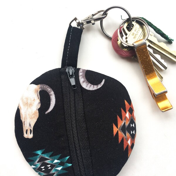 change purse, key chain, zipper pouch, Aztec purse, earbud pouch, teen gift, backpack, earbud holder, earbud keychain, backpack keychain