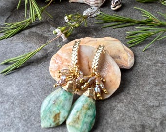 Gorgeous Chrysocolla gemstone cluster earrings .