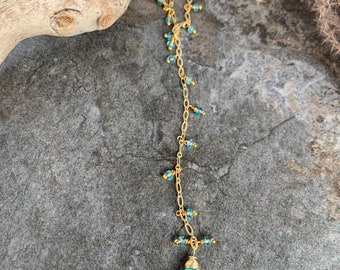 Aqua Chalcedony gemstone beaded lariat necklace .