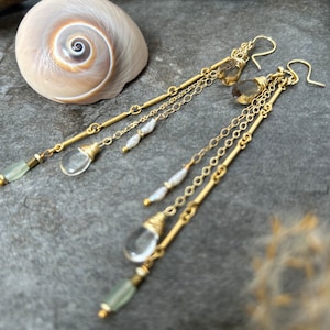 One of a kind gemstone dangle earrings .