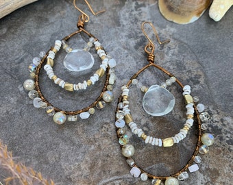One of a kind Quartz gemstone beaded hoop earrings .