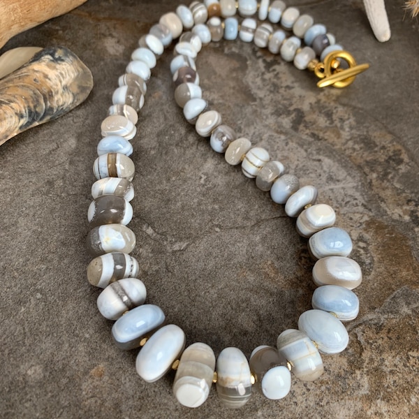 One of a kind Blue lace Agate gemstone beaded necklace .