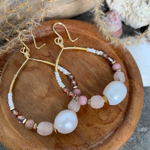 Beautiful boho beaded Pearl hoop earrings.