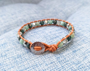 Pulsera de puntada de escalera de cuero - coñac de menta