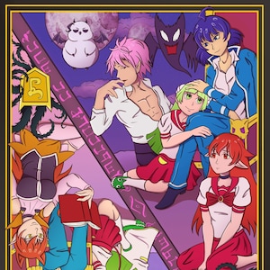 May include: A colorful illustration of eight characters, including a vampire, a witch, and a werewolf, with a purple and pink background. The characters are surrounded by bats, skulls, and other spooky imagery. The text "The Night of the Full Moon" is written in a gothic font.