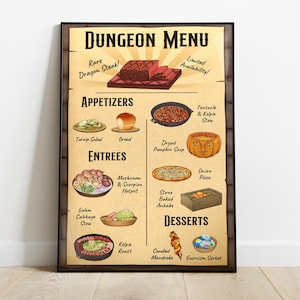 以下が含まれることがあります： 羊皮紙のような背景を持つ、額入りの「Dungeon Menu」ポスター。メニューには、「Rare Dragon Steak」、「Tentacle & Kelpie Stew」、「Exorcism Sorbet」など、さまざまなファンタジーをテーマにした料理のイラストが掲載されています。ポスターは濃い木製のフレームで縁取られています。