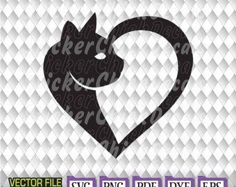 Cat Heart I <3 Cats Kitty Meow vector cut file- eps svg png pdf dxf transfer clip art cameo cricut silhouette scan n cut us cutter CAD