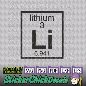 May include: Black and white graphic of the periodic table element for lithium. The element symbol is Li, the atomic number is 3, and the atomic weight is 6.941. The graphic is surrounded by a white background with the text "Sticker Chick Decals" repeated in a diamond pattern.