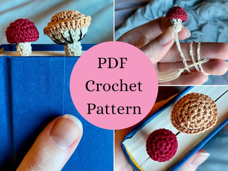 May include: A PDF crochet pattern for mushroom bookmarks featuring a small red cap and a larger tan cap with visible gills. The pattern includes instructions for creating these crocheted fungi, which are designed to sit atop the pages of a closed book.