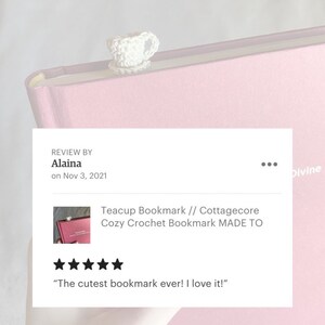 White 5 star Etsy review on a partially transparent background of the front view teacup bookmark photo.