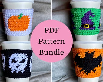 Halloween Cup Cozy Pattern Bundle // Pumpkin Bat Skull Witch Hat Tapestry Crochet Pattern
