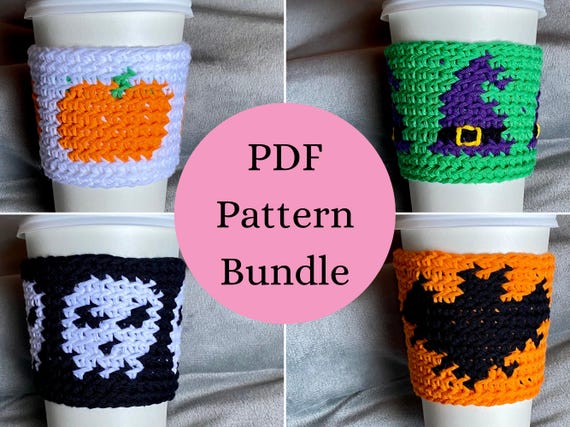 Halloween Cup Cozy Pattern Bundle // Pumpkin Bat Skull Witch Hat Tapestry Crochet Pattern