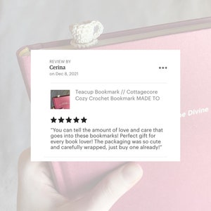 White 5 star Etsy review on a partially transparent background of the front view teacup bookmark photo.