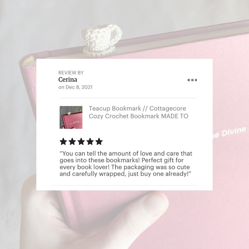 White 5 star Etsy review on a partially transparent background of the front view teacup bookmark photo.