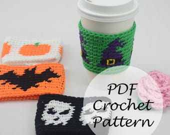 Halloween Cup Cozy Pumpkin Bat Skull Witch Hat // Cup Cozy Crochet Pattern Set