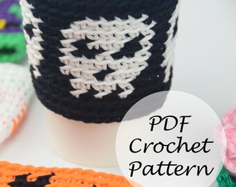 Skull Cup Cozy // Reusable Spooky Coffee Sleeve Crochet Pattern