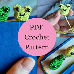 May include: Two small, handmade crochet frog bookmarks in bright green and light lime green yarn. Each frog features black bead eyes and a stitched black smile. The bookmarks include a long, thin crocheted tail that rests between book pages.