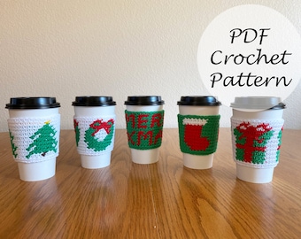 Christmas Cup Cozy Tree Present Stocking Wreath Merry XMas // Crochet Cup Cozy Pattern Set