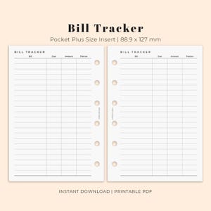 Pode incluir: Inserção de rastreamento de contas imprimível para um planejador de bolso de tamanho plus. A inserção é branca com texto preto e linhas. O texto diz "Bill Tracker" e "Due, Amount, Paid on". A inserção mede 88,9 mm por 127 mm.