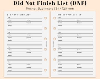 Did not finish Insert Pocket Size Printable, Reading Planner insert for Pocket size, Printable reading planner DNF list, Ring Binder A7