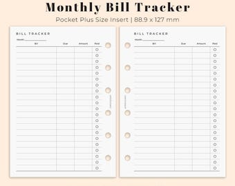 Bill tracker monthly Pocket Plus Printable, Planner insert for Pocket XL size, Printable monthly expense planner insert, Ring Binder PDF