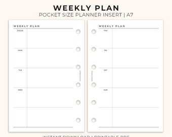 Weekly Plan Insert Pocket Size Printable, Planner insert for Pocket size, Printable Weekly planner insert A7, Ring Binder WO2P