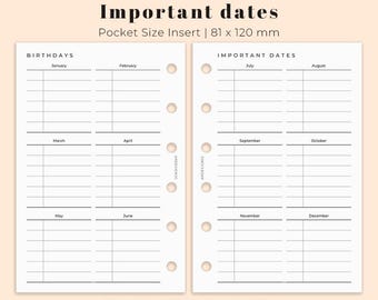 Important dates tracker Pocket Size Printable, Birthday Planner insert for Pocket size, Key Dates Tracker Printable, Ring Binder Insert PDF