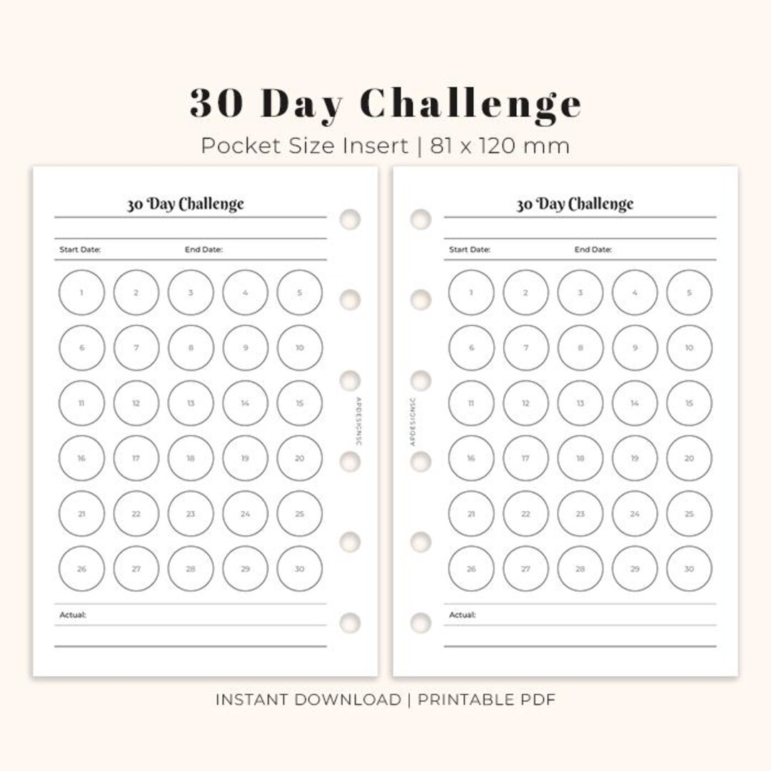 30 Day Challenge Pocket Size, Printable Insert 30 Days Tracker for ...