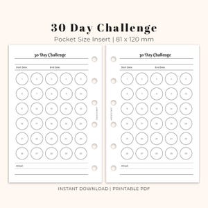 May include: A printable 30-day challenge tracker for a pocket-sized planner. The tracker has 30 circles for marking off days, with space for start and end dates and an "Actual" section.