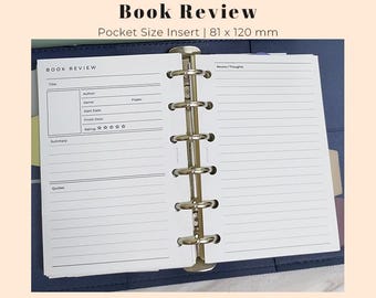 Book Review Pocket Printable, A7 Planner insert PDF, Reading Printable planner insert,  Printable Reading Insert, Ring Binder Pocket