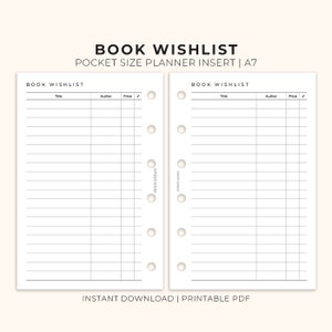 May include: Printable book wishlist planner insert for A7 size pocket planners. The insert has two pages with columns for title, author, and price.