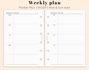 Weekly Plan Insert Pocket Plus Size Printable, Printable Weekly planner insert A7 Plus, Ring Binder WO2P, Ring Binder PDF