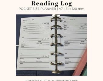 Reading Log Insert Pocket Size Printable, Planner insert for Pocket size, Printable reading planner insert A7, Ring Binder Reading