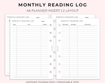 Monthly reading log A6 Printable, Planner insert for A6, Printable planner insert, Printable Reading Insert, Ring Binder A6 Reading Tracker