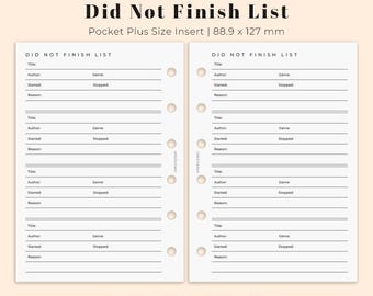 Did not finish Pocket Plus Printable, Reading Planner insert for Pocket XL size, Printable planner insert A7 XL, DNF list Ring Binder