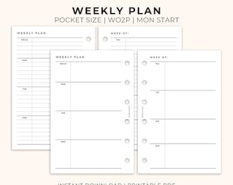Weekly Plan Insert Pocket Size Printable, WO2P Mon Start Planner insert Pocket size, Printable Weekly planner insert A7, Ring Binder WO2P