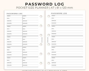 Password Log Insert Pocket Size Printable, Planner insert for Pocket size, Printable password tracker planner insert A7, Ring Binder Pocket