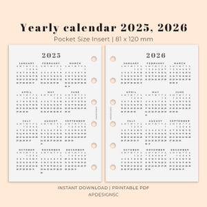 Yearly Calender 2025-2026 Pocket Size Printable, Planner insert for Pocket size, Printable planner insert A7, Ring Binder