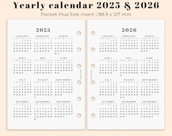 Yearly Calender 2025-2026 Pocket Plus Size Printable Planner Insert