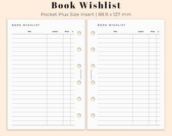 Books wishlist Pocket Plus Printable, Planner insert for Pocket XL size, Printable reading planner insert A7 XL, Ring Binder PDF